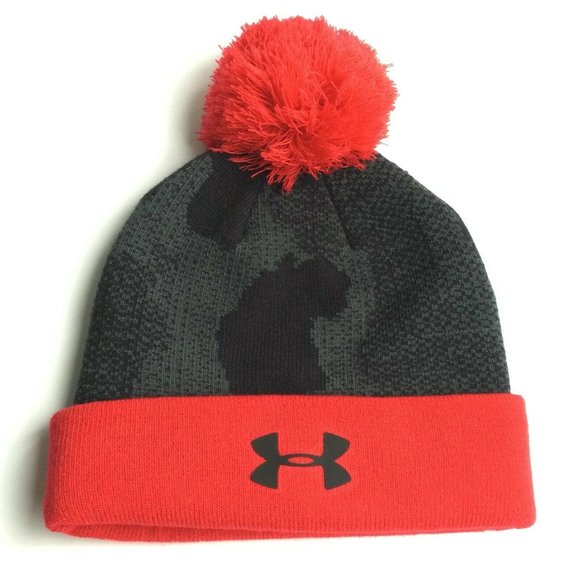 Under Armour Winter Hat Toque Youth Women's Sm Pom Beanie Red Black Unisex Cold - Picture 1 of 6